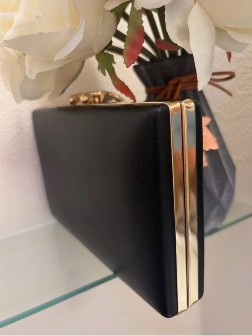 Black Evening Clutch with Gold Crystal Ring Accent - Picture 3 of 8